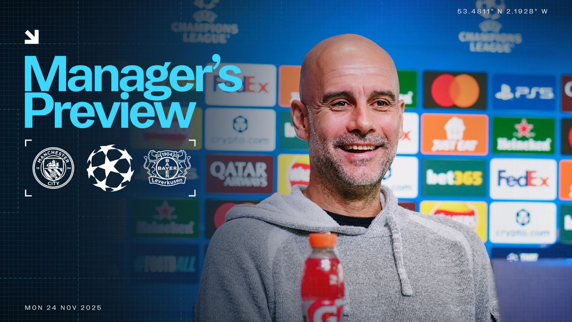 A promotional image for a Champions League match preview between Manchester City and Bayer Leverkusen, featuring a blurred image of a manager at a press conference.