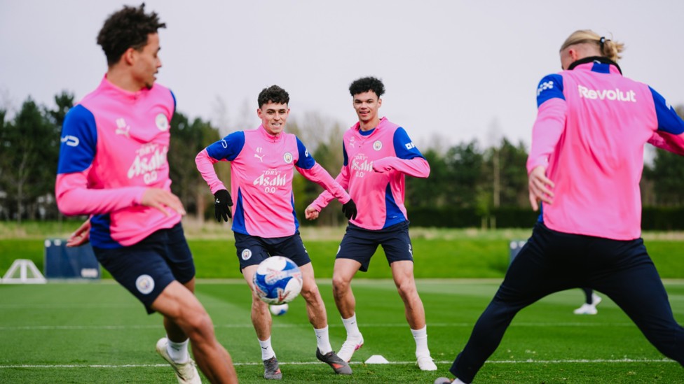 ACTION STATIONS: Max Alleyne, Phil Foden, Nico O'Reilly and Erling Haaland all have their eyes on the prize.