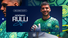Graphic image announcing Gerónimo Rulli joining Manchester City with 'Welcome to City,' featuring the Manchester City logo and showing the player in the team's goalkeeper kit.