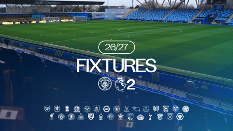 Image announcing the 2026/27 Premier League fixtures at Joie Stadium. Includes Manchester City and Premier League logos along with logos of various football clubs.