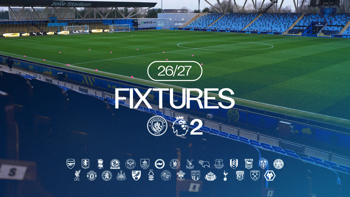Image announcing the 2026/27 Premier League fixtures at Joie Stadium. Includes Manchester City and Premier League logos along with logos of various football clubs.