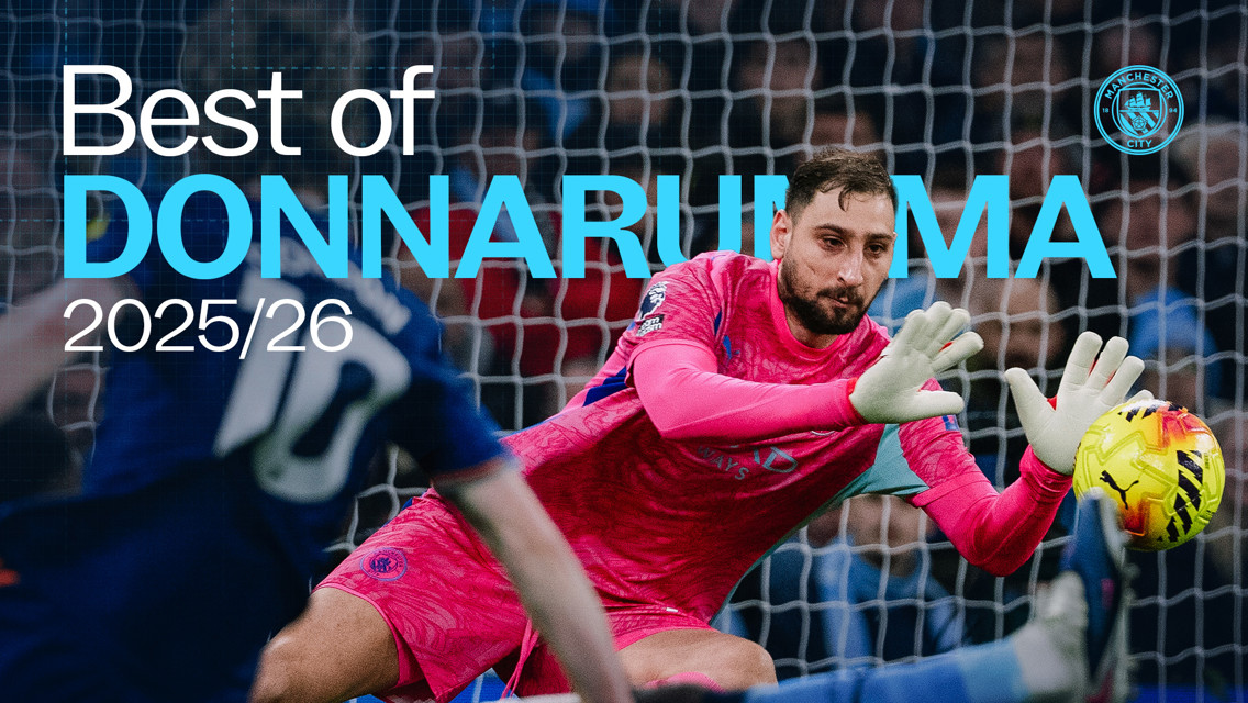 Image with a Manchester City goalkeeper in action wearing a pink kit, with the text 'Best of Donnarumma 2025/26' and Manchester City logo visible.