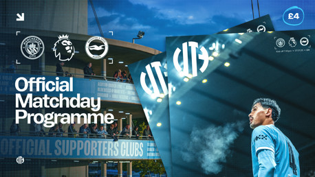 Official matchday programme featuring Manchester City vs Brighton & Hove Albion, Premier League logos, stadium image, and player with blurred face. Price: £4, Date: 07.01.26.