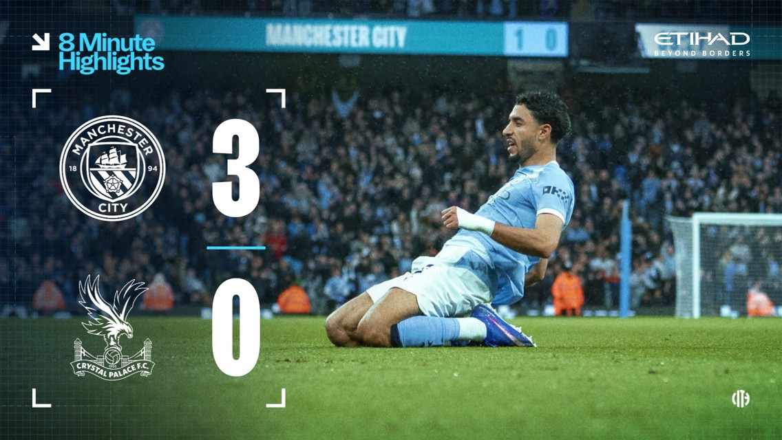 Manchester City defeated Crystal Palace 3-0. The image shows a Manchester City player celebrating and the score displayed on the screen.