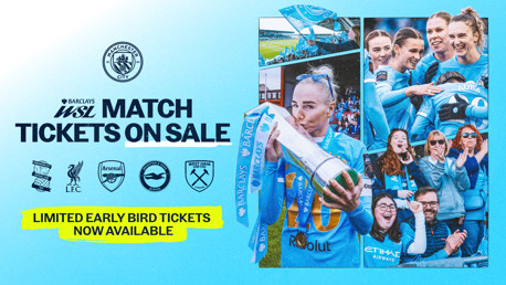 Promotional image for Manchester City WSL match tickets. Features players celebrating, holding trophies, fans cheering, and club logos including Manchester City, Arsenal, West Ham, Liverpool, and Brighton. Highlights limited early bird tickets.