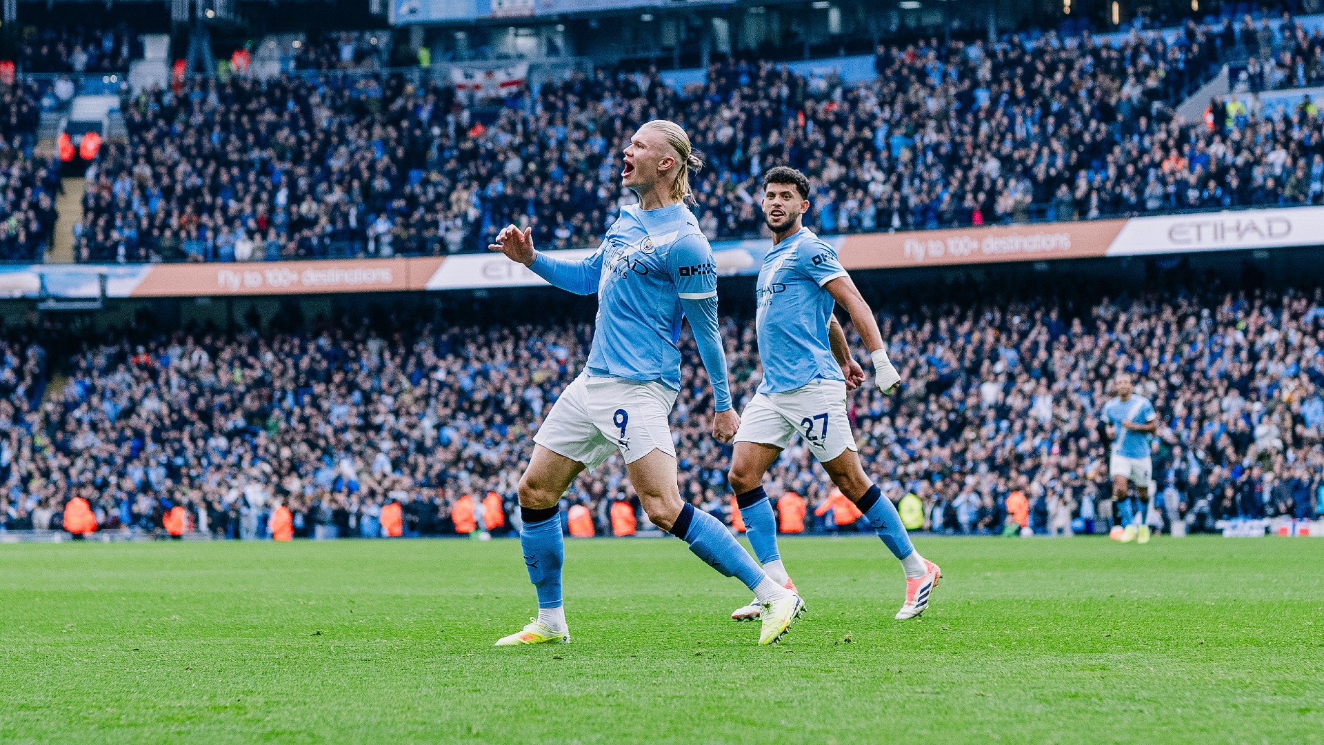 GET IN: Erling celebrates after heading City ahead.