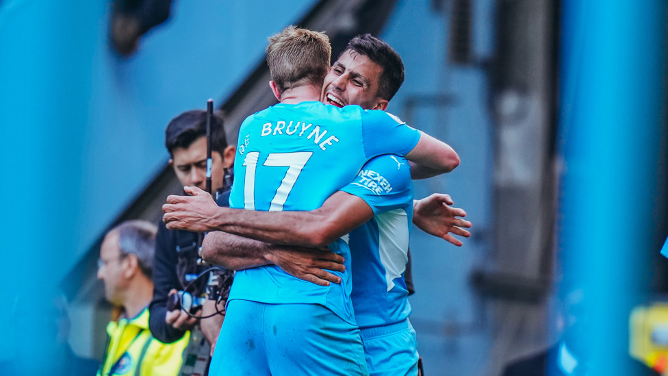 CREATOR+SCORER : Rodrigo shows his appreciation to KDB for the assist.