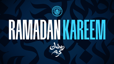 Graphic celebrating Ramadan Kareem with Manchester City logo and Arabic text on a dark blue background.