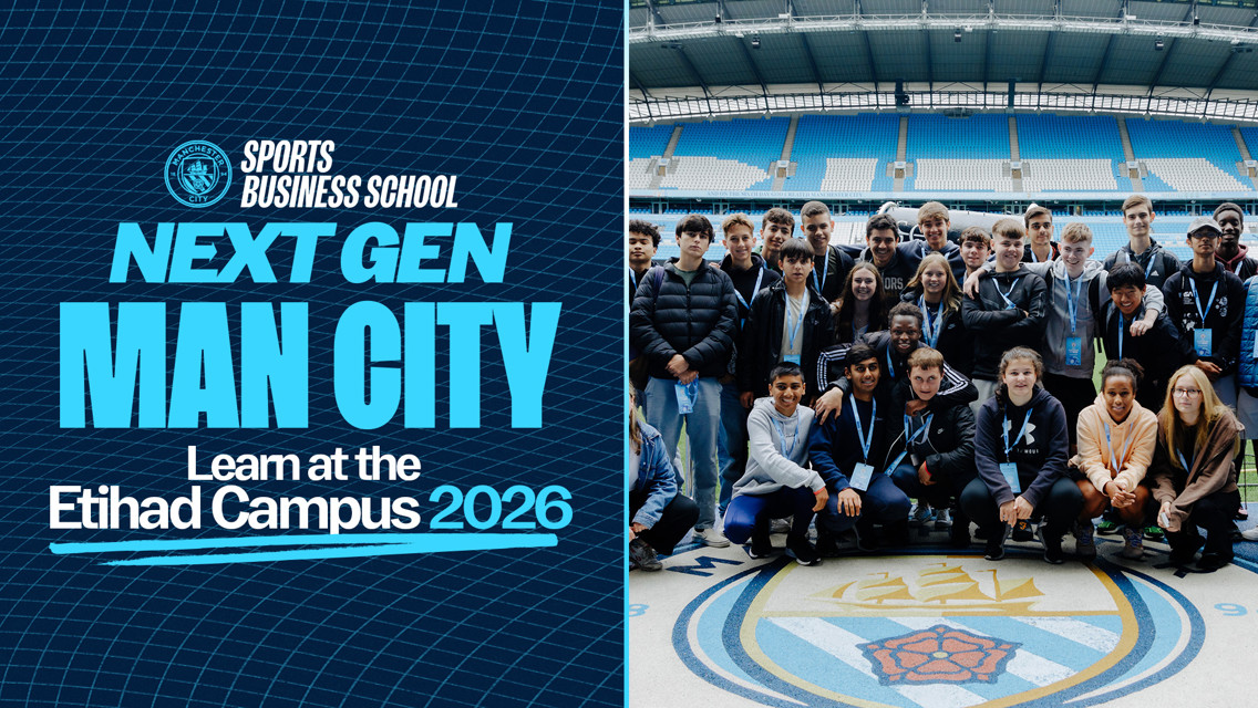 Promotional image for Manchester City Sports Business School's Next Gen program, featuring a group photo at Etihad Stadium and text highlighting learning opportunities in 2026.