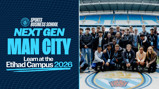 Promotional image for Manchester City Sports Business School's Next Gen program, featuring a group photo at Etihad Stadium and text highlighting learning opportunities in 2026.