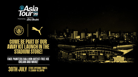Promotional graphic for Manchester City's Asia Tour '26, featuring the launch of the away kit at the stadium store on July 30th, with activities like face painting and free ice cream.