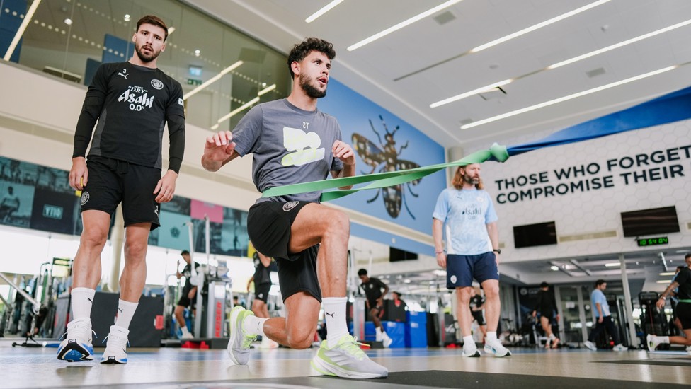 Gym work : Ruben Dias watches on as Matheus Nunes feels the burn