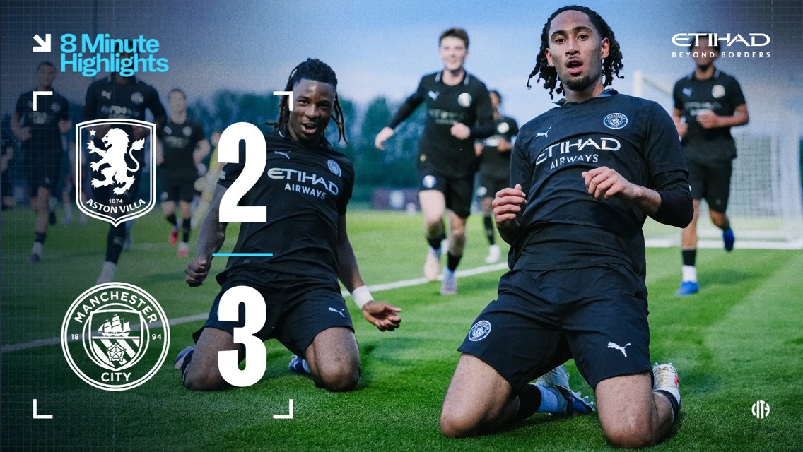Score graphic showing Aston Villa 2-3 Manchester City with players celebrating. Etihad Airways branding is visible.