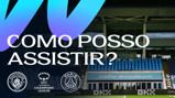Promotional graphic featuring a stadium and logos of Manchester City and Paris Saint-Germain for a UEFA Women's Champions League match, with the text 'Como posso assistir?'.