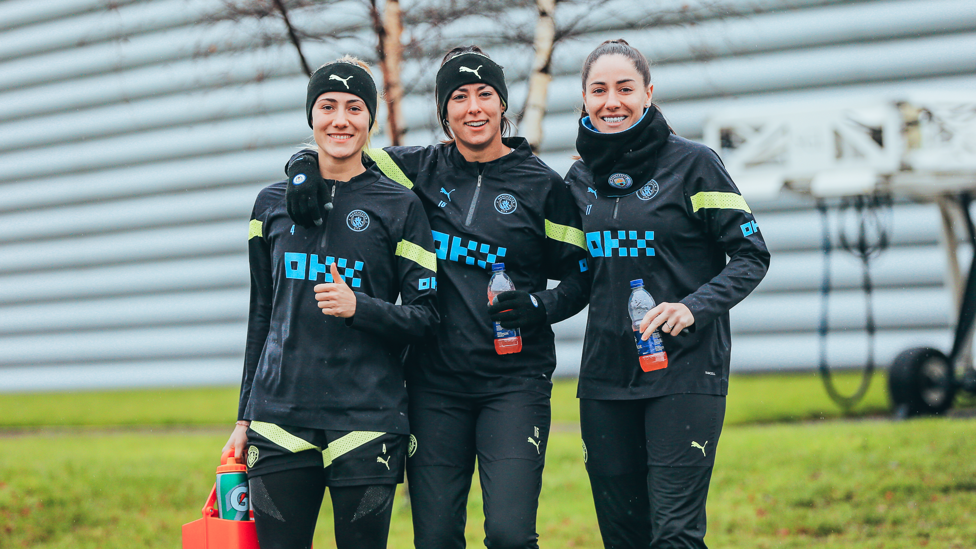 SPANISH CONTINGENT  : Vicky Losada, Laia Aleixandri and Leila Ouahabi get reacquainted with the Manchester weather