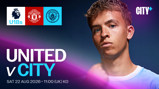 Promotional graphic for Manchester United vs Manchester City U18s match on Aug 22, 2026, at 11:00 UK time, featuring club logos and a player on the right.