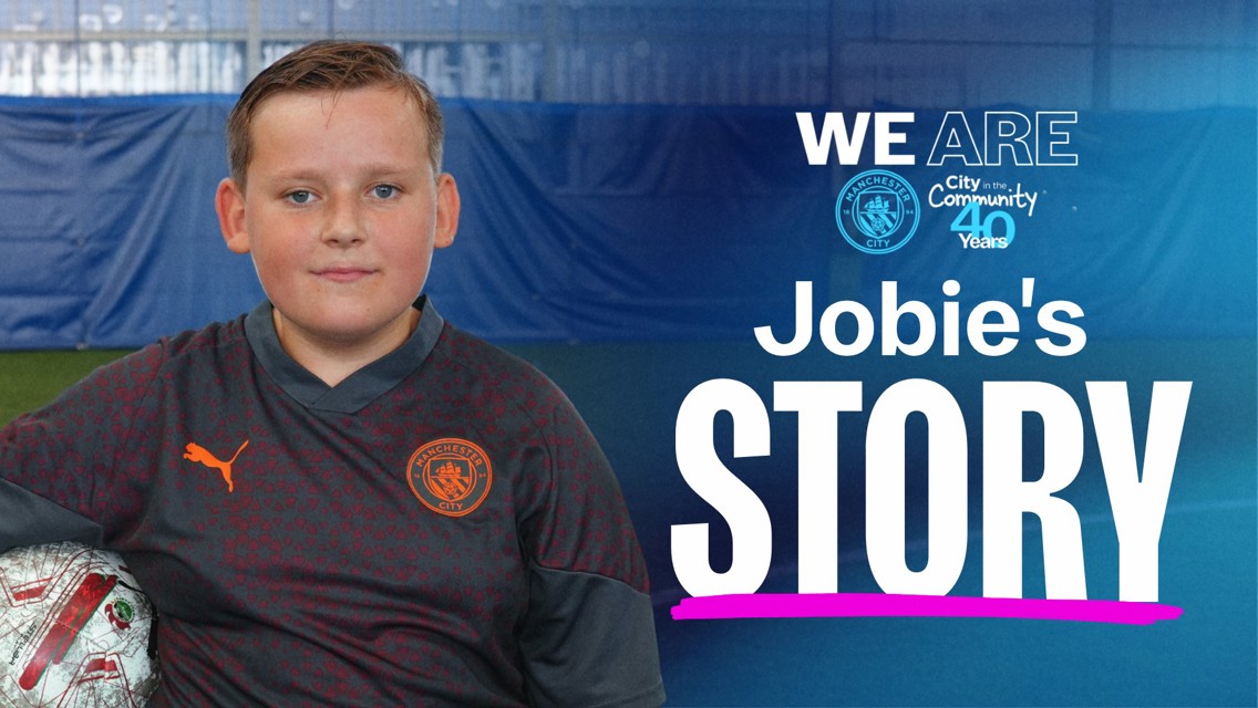 A young boy wearing a Manchester City shirt poses with a football. The text 'We Are City in the Community 40 Years' and 'Jobie's Story' is on the image.
