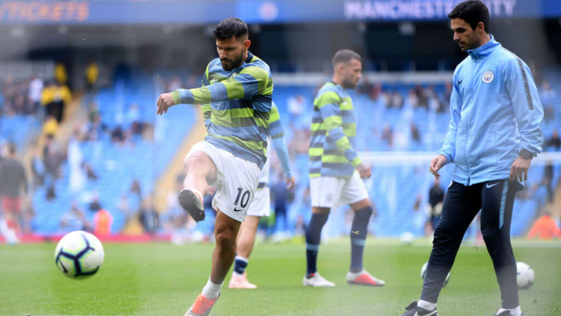 SHARP SHOOTER: Arteta puts Aguero through his paces prematch 