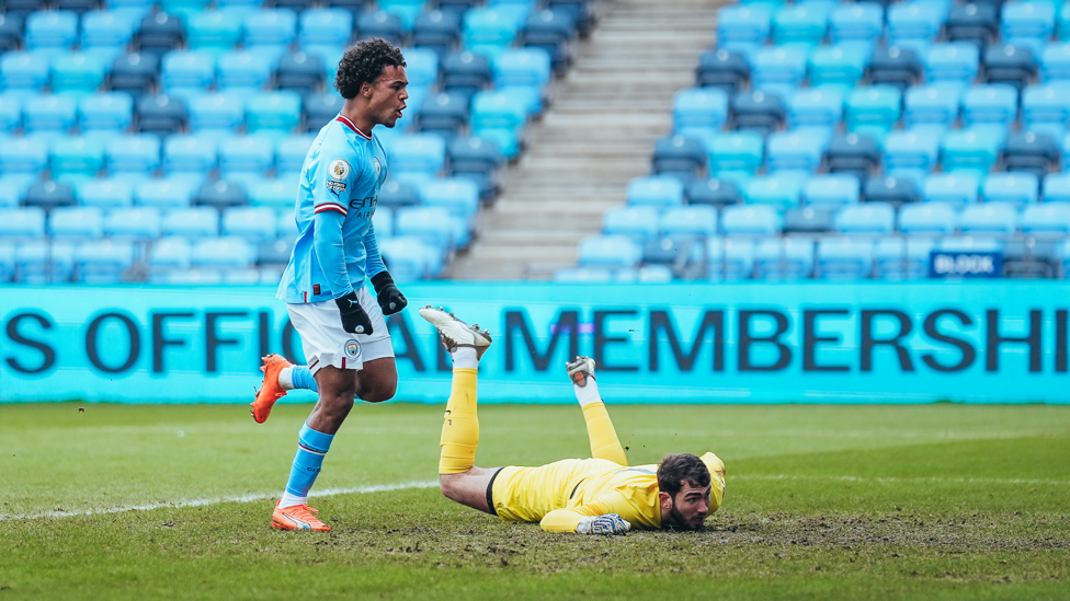OPENING GOAL : No mistake by Oscar Bobb as he fires City ahead in the 3-1 win over Liverpool.