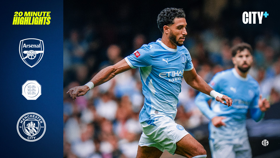 Promotional image for a 20-minute highlight video featuring Manchester City vs Arsenal, with a Manchester City player in action on the right and Arsenal and Manchester City logos on the left.