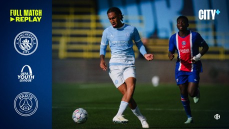 Manchester City versus Paris Saint-Germain match in UEFA Youth League, showcasing two players in action on the field.