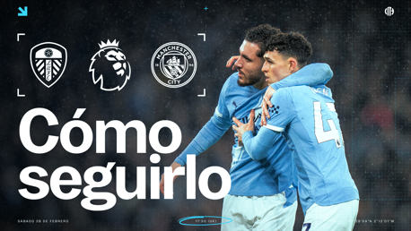 Graphic for the Premier League match between Leeds United and Manchester City. It includes blurred players, the logos of Leeds United, Manchester City, and the Premier League. Scheduled on Saturday, February 28 at 17:30 (UK).