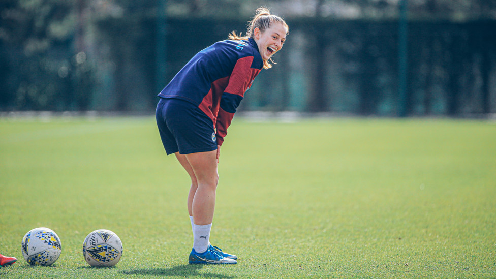 FUN AND GAMES : Keira Walsh, in understandably high spirits after her match-winning strike against Everton