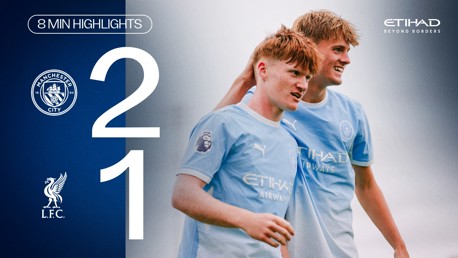 Manchester City defeated Liverpool 2-1 with players celebrating in the image, showcasing the teams' logos and match highlights.