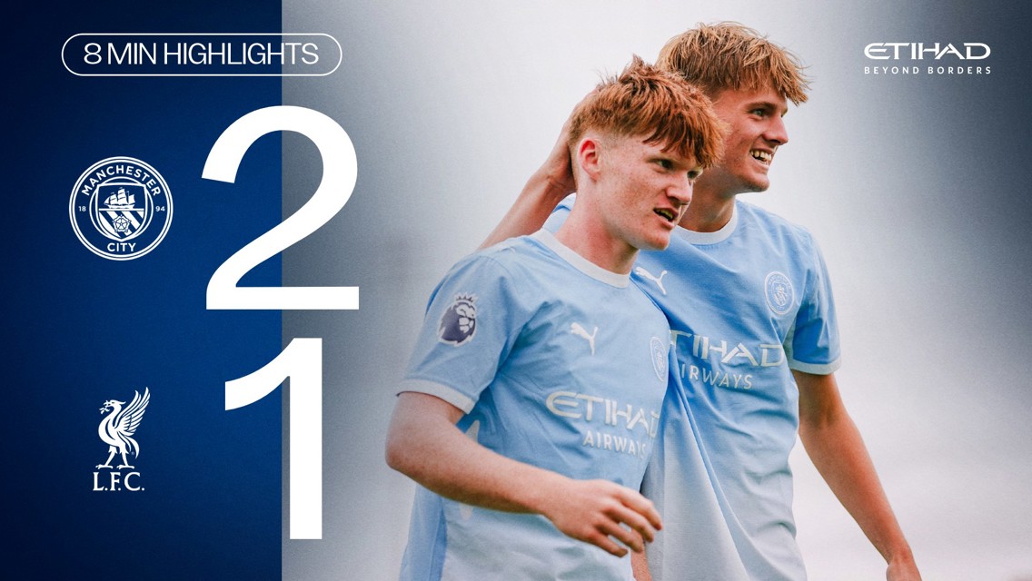 Manchester City defeated Liverpool 2-1 with players celebrating in the image, showcasing the teams' logos and match highlights.
