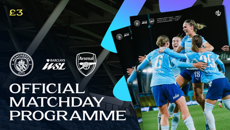 Official matchday programme cover for Manchester City vs Arsenal in the Barclays Women's Super League, priced at £3, featuring Manchester City players celebrating.