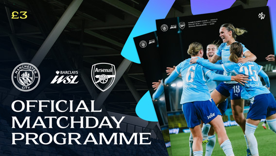 Official matchday programme cover for Manchester City vs Arsenal in the Barclays Women's Super League, priced at £3, featuring Manchester City players celebrating.