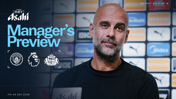 Image of a football manager's preview for a Manchester City vs Sunderland AFC match, featuring the logos of Manchester City, Premier League, and Sunderland AFC, with date Fri 05 Dec 2025 and location coordinates.