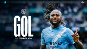 A Manchester City player with blurred face celebrates a goal. Text reads 'GOL DA TEMPORADA' with the Manchester City logo visible.