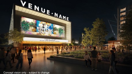 A night scene of a concept design for an event venue with marquee displaying 'MAMMA MIA! THE PARTY'. A crowd of people is gathered outside, and there's foliage and a building in the background.