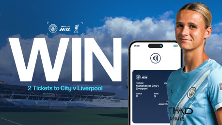 Promotion for winning 2 tickets to Manchester City vs Liverpool, featuring a WSL player in City kit, stadium background, and mobile ticket image.