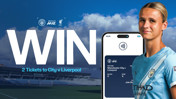 Promotion for winning 2 tickets to Manchester City vs Liverpool, featuring a WSL player in City kit, stadium background, and mobile ticket image.