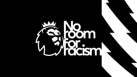 Premier League logo featuring a lion and the text 'No Room for Racism' emphasizing anti-racism campaign. Black and white design.