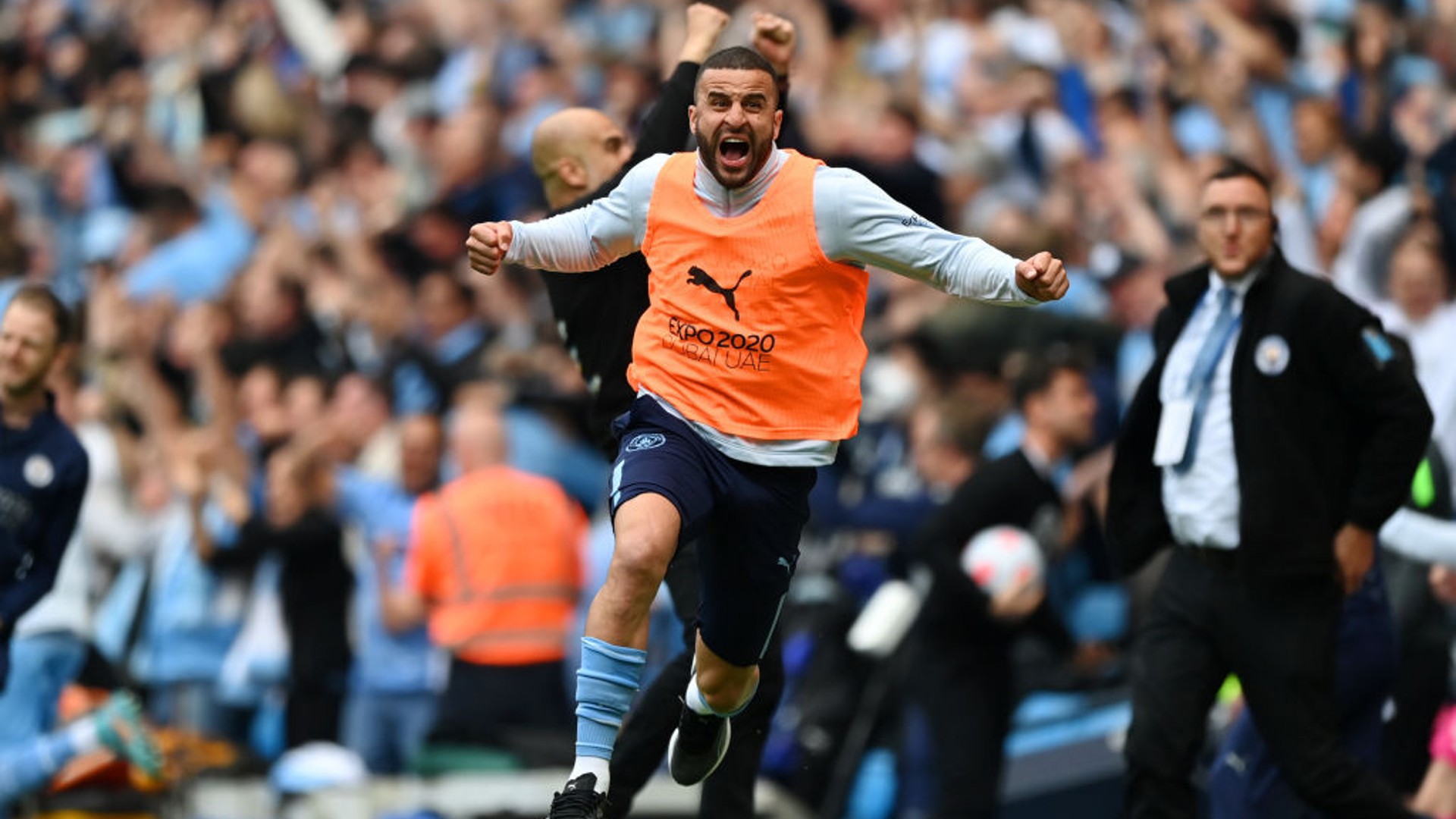 JOY: Kyle Walker reacts to Ilkay Gundogan's title-winning goal against Aston Villa