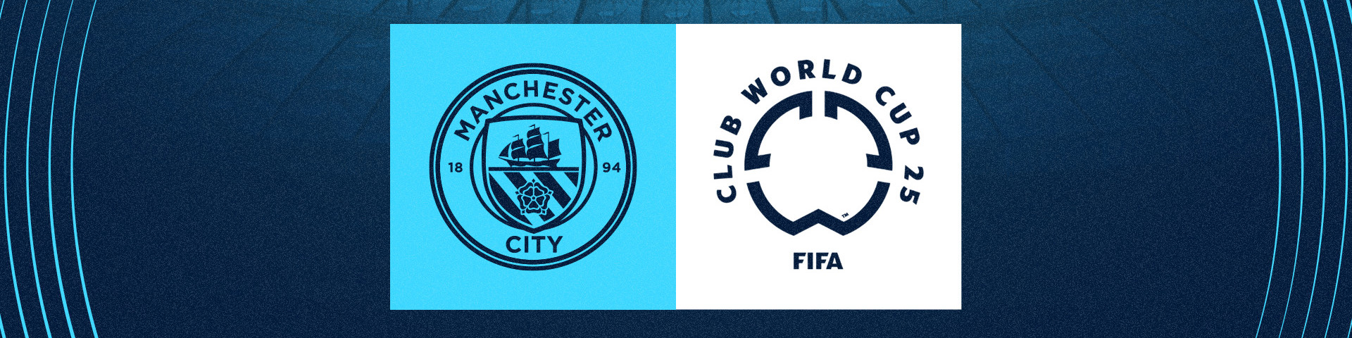 Graphic displaying Manchester City's logo next to the Club World Cup 2025 logo on a blue background.