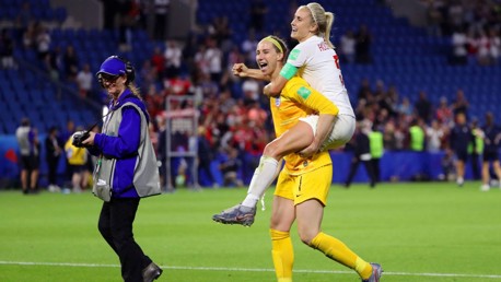 DELIGHT: Karen Bardsley and Steph Houghton celebrate in Le Havre.