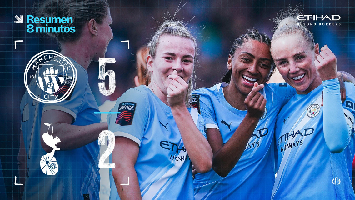 Manchester City Women's team celebrating a 5-2 victory over Tottenham Hotspur. Three players in blue jerseys are smiling and showing hand gestures.