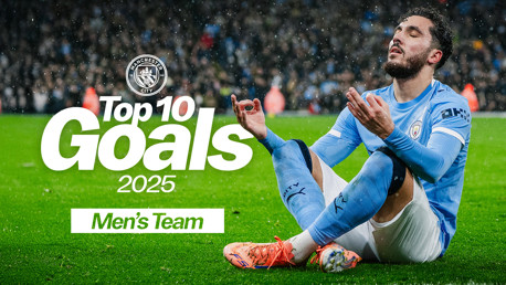 Image promoting Manchester City's Top 10 Goals for the Men's Team in 2025, featuring a player wearing a Manchester City kit sitting on a football field.