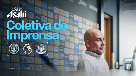 A press conference background featuring logos of Manchester City, Premier League, and Newcastle United with a blurred individual. Location coordinates are displayed at the bottom.