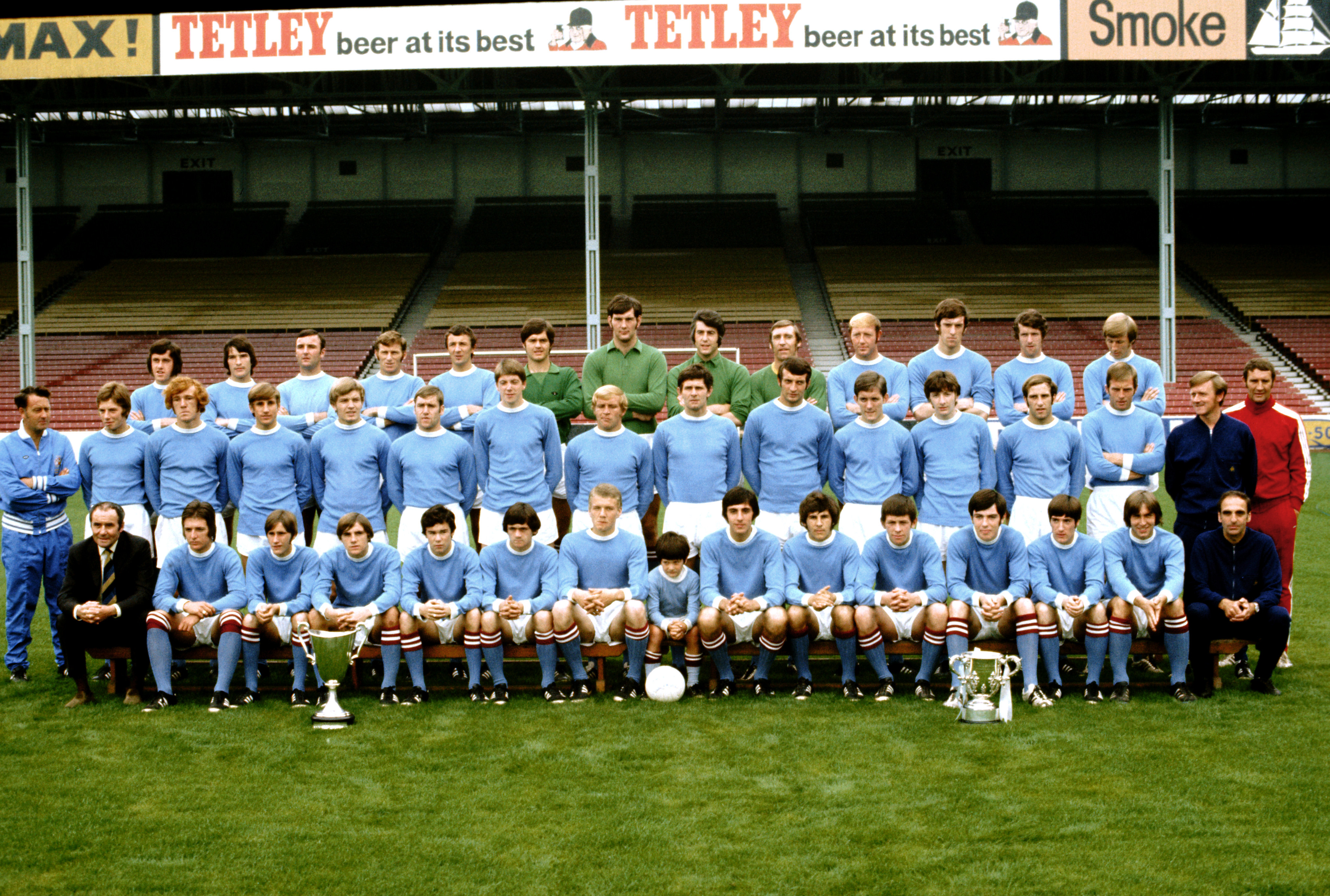 GLORY BOYS: Glyn (third from left back row) and the City squad with the League Cup and European Cup Winners' Cup trophies