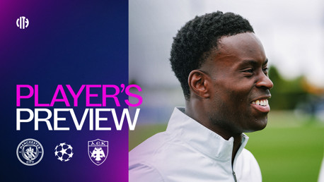 A promotional graphic featuring a football player smiling, with text saying 'Player's Preview' and logos for Manchester City, AEK Athens, and the UEFA Champions League.