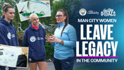 Graphic featuring Man City Women involved in community activities, with drawings and logos of Manchester City and City in the Community, highlighting the theme 'Leave Legacy in the Community'.