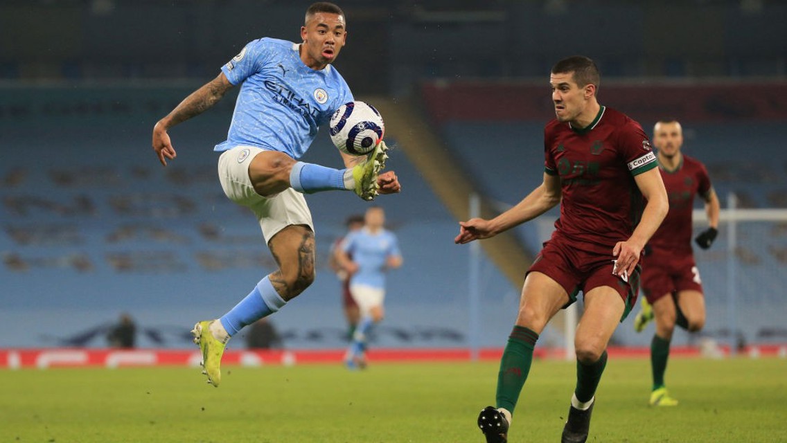 UP HIGH: Gabriel Jesus plucks the ball out of the air