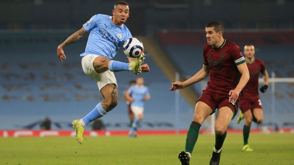 UP HIGH: Gabriel Jesus plucks the ball out of the air