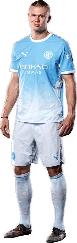 A Manchester City player wearing the official team kit by Puma, featuring the Etihad Airways sponsor logo.