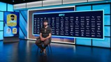 A person in a Manchester City jersey sits at a press conference, with a digital display showing club sponsors and graphics including player cards featuring 'Gvardiol'.